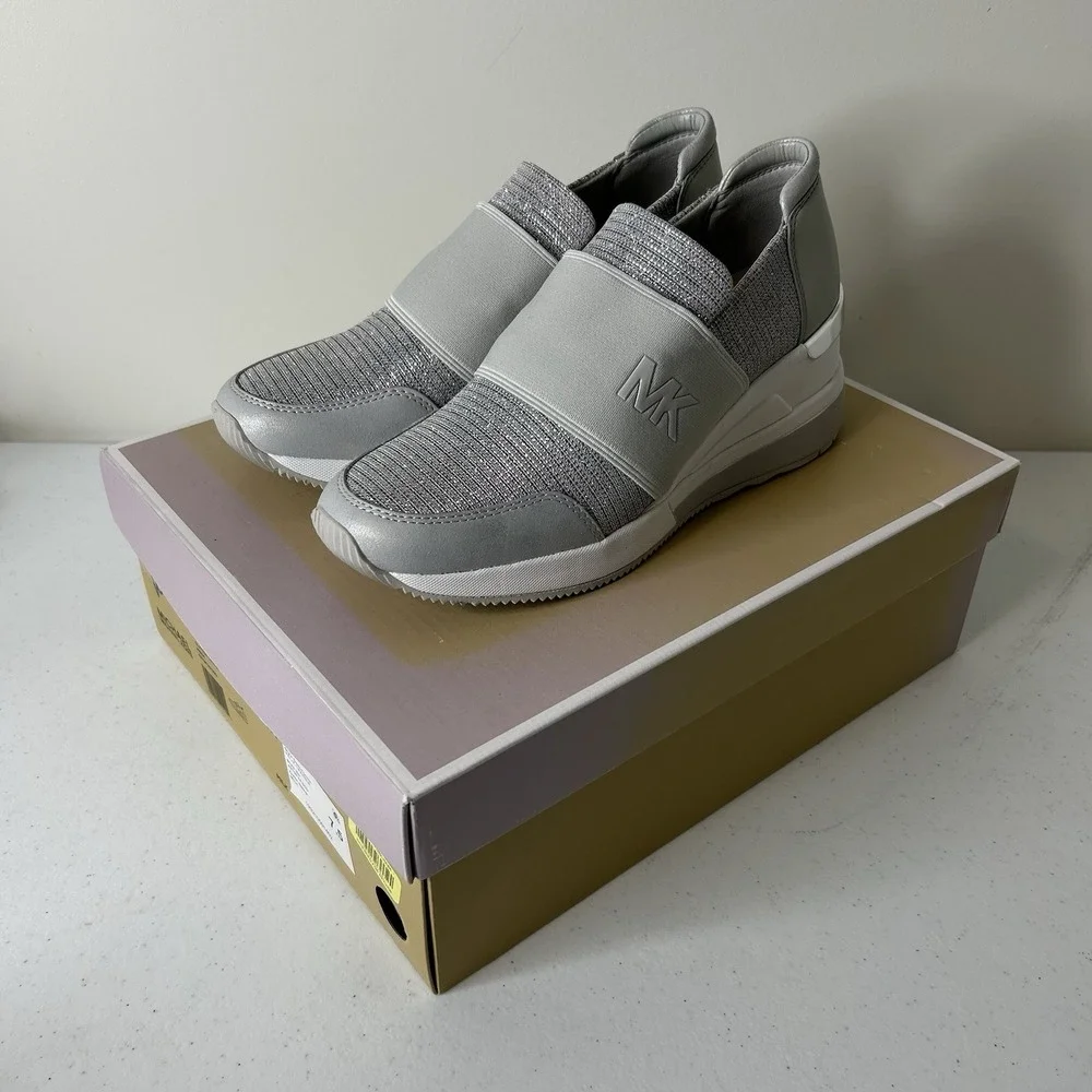 Michael Kors Felix Trainer 7.5 Glitter Chain Silver Mesh Slip-on Sneakers